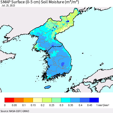 Korea SMAP Surface (0-5 cm) Soil Moisture (m³/m³) Thematic Map For 7/21/2023 - 7/25/2023