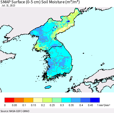 Korea SMAP Surface (0-5 cm) Soil Moisture (m³/m³) Thematic Map For 7/26/2023 - 7/31/2023