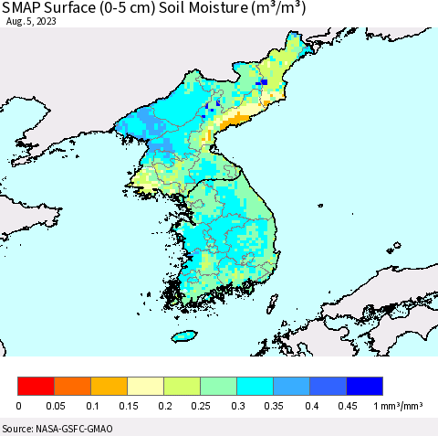 Korea SMAP Surface (0-5 cm) Soil Moisture (m³/m³) Thematic Map For 8/1/2023 - 8/5/2023