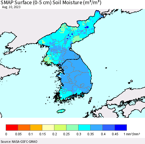 Korea SMAP Surface (0-5 cm) Soil Moisture (m³/m³) Thematic Map For 8/6/2023 - 8/10/2023