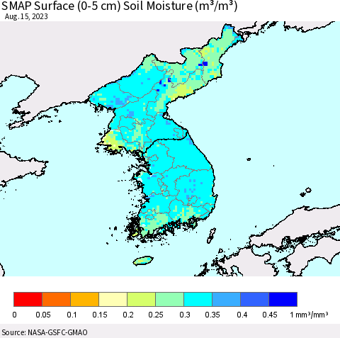 Korea SMAP Surface (0-5 cm) Soil Moisture (m³/m³) Thematic Map For 8/11/2023 - 8/15/2023