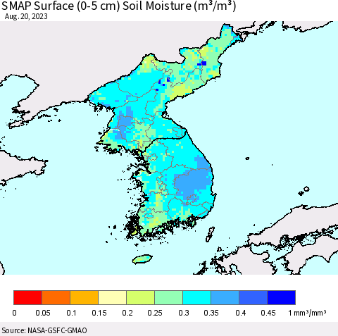 Korea SMAP Surface (0-5 cm) Soil Moisture (m³/m³) Thematic Map For 8/16/2023 - 8/20/2023