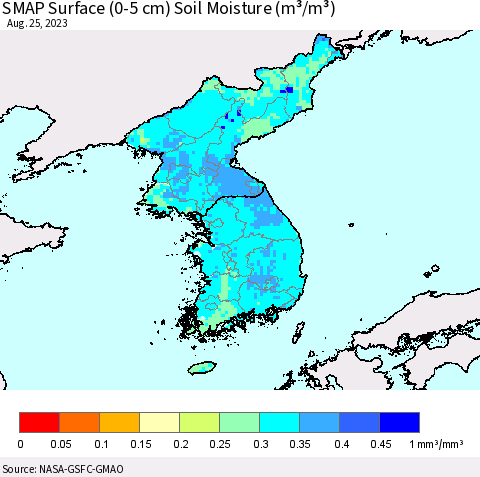 Korea SMAP Surface (0-5 cm) Soil Moisture (m³/m³) Thematic Map For 8/21/2023 - 8/25/2023