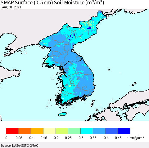 Korea SMAP Surface (0-5 cm) Soil Moisture (m³/m³) Thematic Map For 8/26/2023 - 8/31/2023