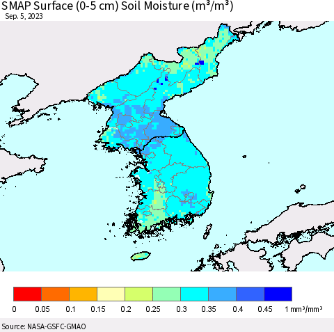 Korea SMAP Surface (0-5 cm) Soil Moisture (m³/m³) Thematic Map For 9/1/2023 - 9/5/2023