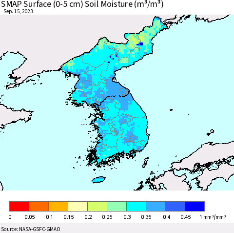 Korea SMAP Surface (0-5 cm) Soil Moisture (m³/m³) Thematic Map For 9/11/2023 - 9/15/2023