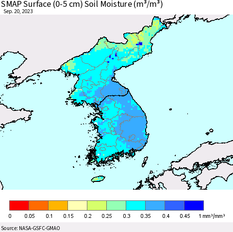 Korea SMAP Surface (0-5 cm) Soil Moisture (m³/m³) Thematic Map For 9/16/2023 - 9/20/2023
