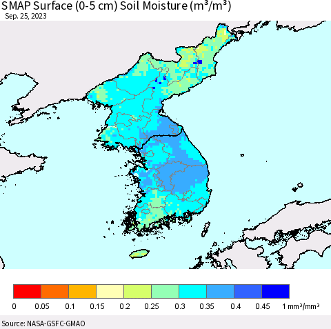 Korea SMAP Surface (0-5 cm) Soil Moisture (m³/m³) Thematic Map For 9/21/2023 - 9/25/2023