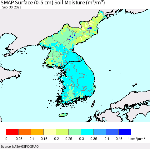 Korea SMAP Surface (0-5 cm) Soil Moisture (m³/m³) Thematic Map For 9/26/2023 - 9/30/2023