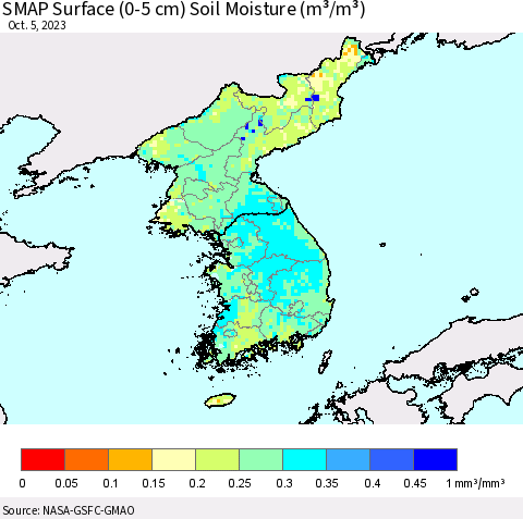 Korea SMAP Surface (0-5 cm) Soil Moisture (m³/m³) Thematic Map For 10/1/2023 - 10/5/2023