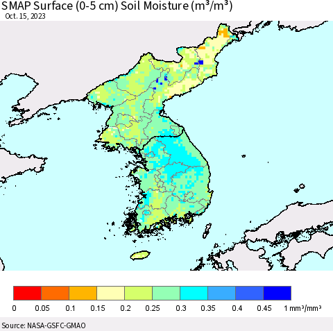 Korea SMAP Surface (0-5 cm) Soil Moisture (m³/m³) Thematic Map For 10/11/2023 - 10/15/2023