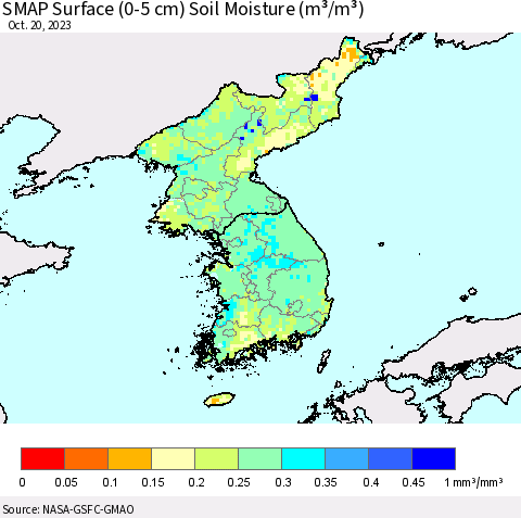 Korea SMAP Surface (0-5 cm) Soil Moisture (m³/m³) Thematic Map For 10/16/2023 - 10/20/2023