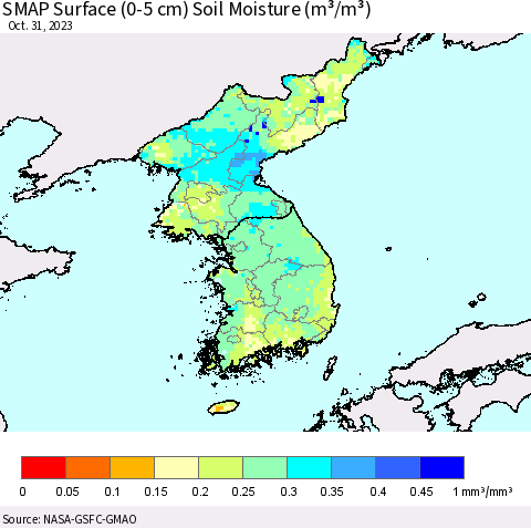 Korea SMAP Surface (0-5 cm) Soil Moisture (m³/m³) Thematic Map For 10/26/2023 - 10/31/2023