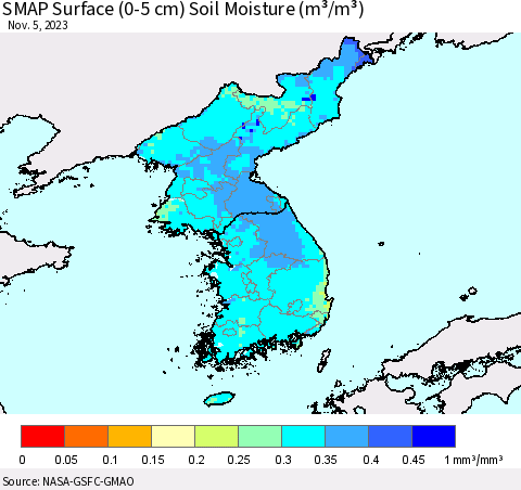 Korea SMAP Surface (0-5 cm) Soil Moisture (m³/m³) Thematic Map For 11/1/2023 - 11/5/2023