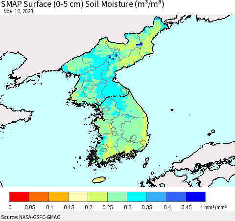 Korea SMAP Surface (0-5 cm) Soil Moisture (m³/m³) Thematic Map For 11/6/2023 - 11/10/2023