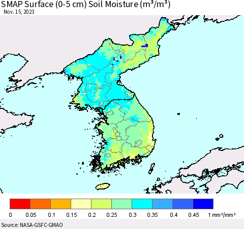Korea SMAP Surface (0-5 cm) Soil Moisture (m³/m³) Thematic Map For 11/11/2023 - 11/15/2023