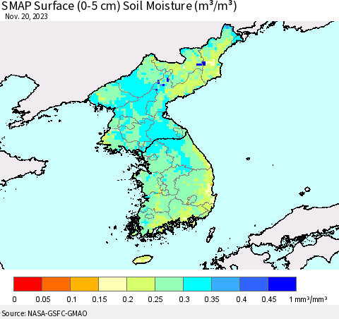 Korea SMAP Surface (0-5 cm) Soil Moisture (m³/m³) Thematic Map For 11/16/2023 - 11/20/2023