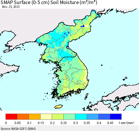 Korea SMAP Surface (0-5 cm) Soil Moisture (m³/m³) Thematic Map For 11/21/2023 - 11/25/2023