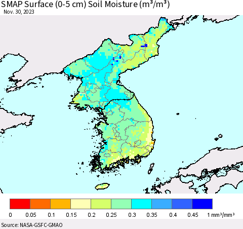 Korea SMAP Surface (0-5 cm) Soil Moisture (m³/m³) Thematic Map For 11/26/2023 - 11/30/2023
