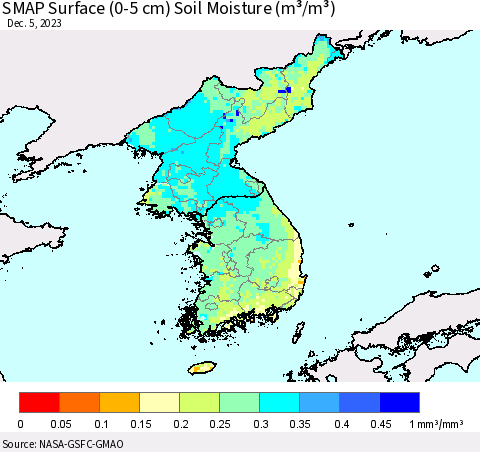 Korea SMAP Surface (0-5 cm) Soil Moisture (m³/m³) Thematic Map For 12/1/2023 - 12/5/2023