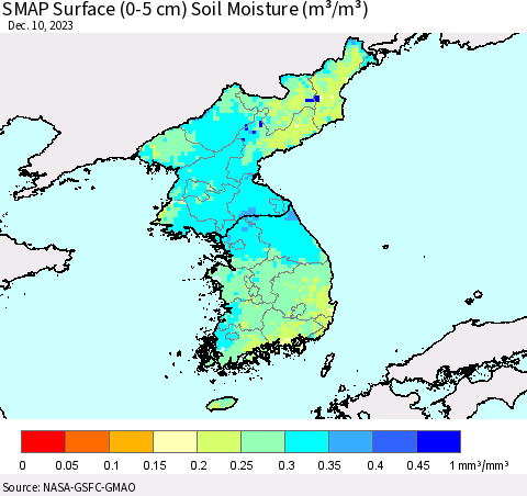 Korea SMAP Surface (0-5 cm) Soil Moisture (m³/m³) Thematic Map For 12/6/2023 - 12/10/2023