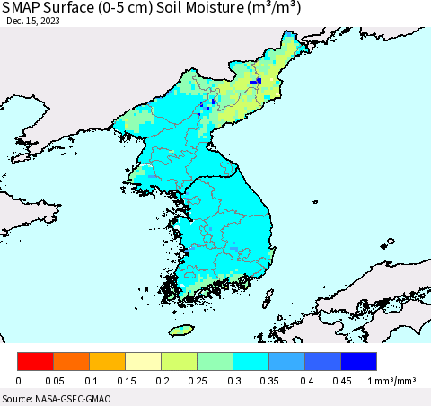 Korea SMAP Surface (0-5 cm) Soil Moisture (m³/m³) Thematic Map For 12/11/2023 - 12/15/2023