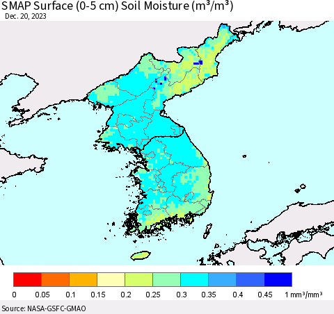 Korea SMAP Surface (0-5 cm) Soil Moisture (m³/m³) Thematic Map For 12/16/2023 - 12/20/2023