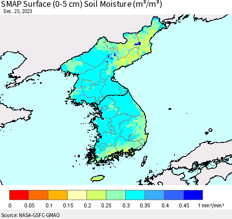 Korea SMAP Surface (0-5 cm) Soil Moisture (m³/m³) Thematic Map For 12/21/2023 - 12/25/2023