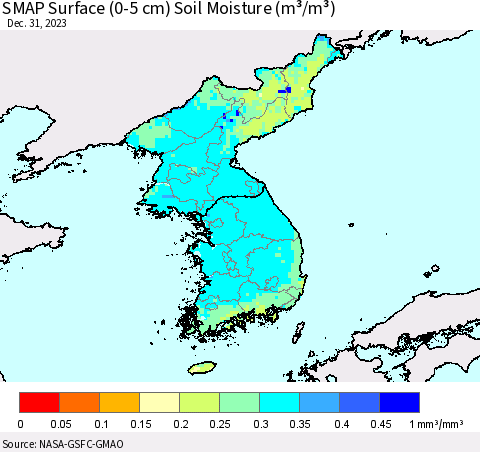 Korea SMAP Surface (0-5 cm) Soil Moisture (m³/m³) Thematic Map For 12/26/2023 - 12/31/2023