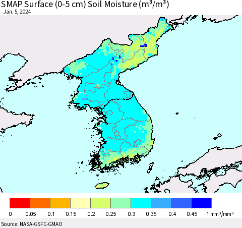 Korea SMAP Surface (0-5 cm) Soil Moisture (m³/m³) Thematic Map For 1/1/2024 - 1/5/2024