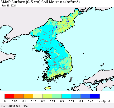 Korea SMAP Surface (0-5 cm) Soil Moisture (m³/m³) Thematic Map For 1/11/2024 - 1/15/2024