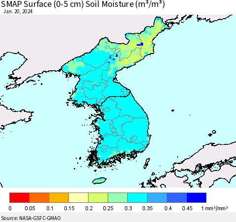 Korea SMAP Surface (0-5 cm) Soil Moisture (m³/m³) Thematic Map For 1/16/2024 - 1/20/2024