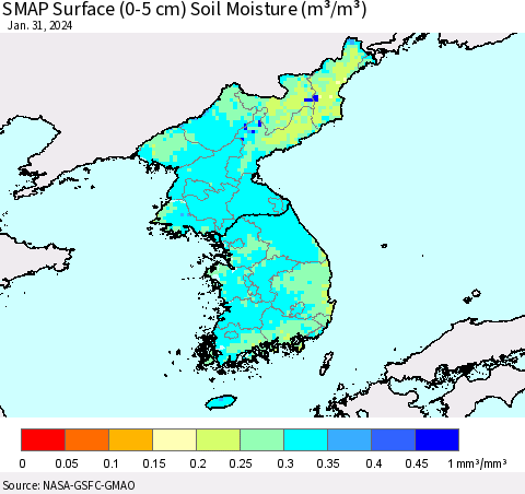 Korea SMAP Surface (0-5 cm) Soil Moisture (m³/m³) Thematic Map For 1/26/2024 - 1/31/2024