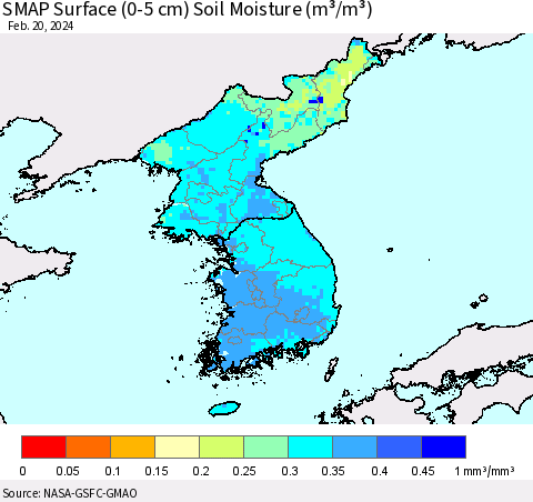 Korea SMAP Surface (0-5 cm) Soil Moisture (m³/m³) Thematic Map For 2/16/2024 - 2/20/2024