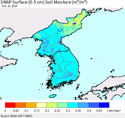 Korea SMAP Surface (0-5 cm) Soil Moisture (m³/m³) Thematic Map For 2/21/2024 - 2/25/2024