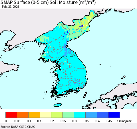 Korea SMAP Surface (0-5 cm) Soil Moisture (m³/m³) Thematic Map For 2/26/2024 - 2/29/2024