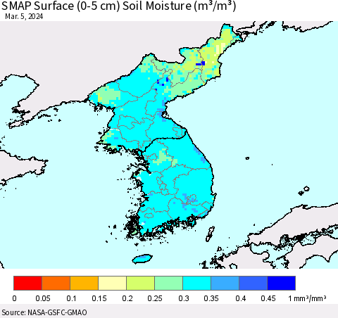 Korea SMAP Surface (0-5 cm) Soil Moisture (m³/m³) Thematic Map For 3/1/2024 - 3/5/2024