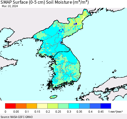 Korea SMAP Surface (0-5 cm) Soil Moisture (m³/m³) Thematic Map For 3/6/2024 - 3/10/2024