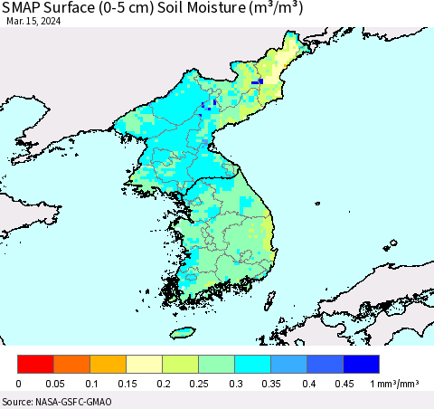 Korea SMAP Surface (0-5 cm) Soil Moisture (m³/m³) Thematic Map For 3/11/2024 - 3/15/2024