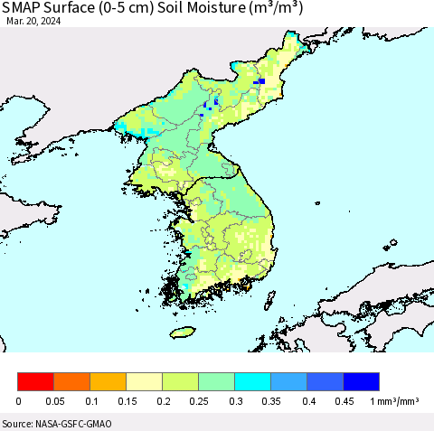 Korea SMAP Surface (0-5 cm) Soil Moisture (m³/m³) Thematic Map For 3/16/2024 - 3/20/2024