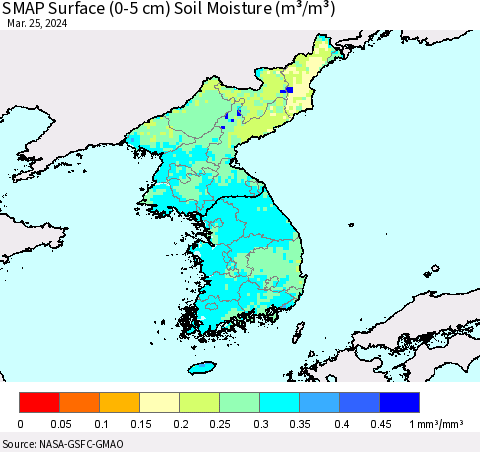 Korea SMAP Surface (0-5 cm) Soil Moisture (m³/m³) Thematic Map For 3/21/2024 - 3/25/2024