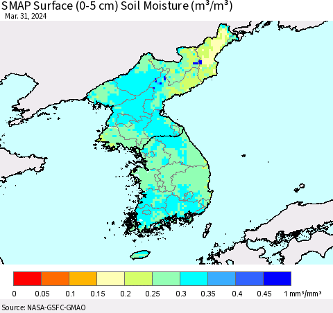 Korea SMAP Surface (0-5 cm) Soil Moisture (m³/m³) Thematic Map For 3/26/2024 - 3/31/2024