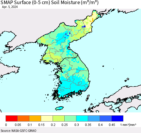 Korea SMAP Surface (0-5 cm) Soil Moisture (m³/m³) Thematic Map For 4/1/2024 - 4/5/2024