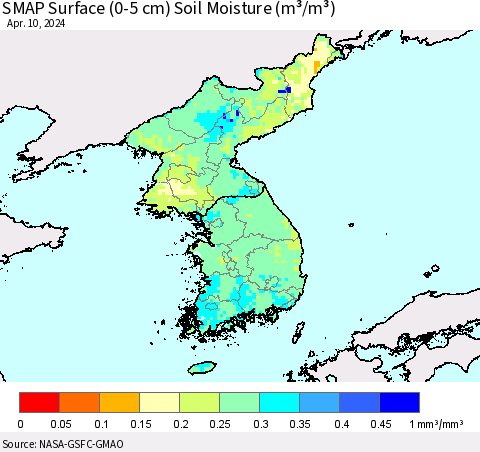 Korea SMAP Surface (0-5 cm) Soil Moisture (m³/m³) Thematic Map For 4/6/2024 - 4/10/2024