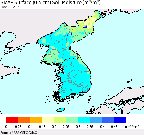 Korea SMAP Surface (0-5 cm) Soil Moisture (m³/m³) Thematic Map For 4/11/2024 - 4/15/2024