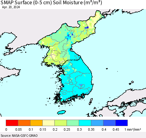 Korea SMAP Surface (0-5 cm) Soil Moisture (m³/m³) Thematic Map For 4/16/2024 - 4/20/2024