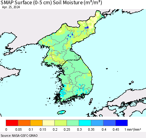 Korea SMAP Surface (0-5 cm) Soil Moisture (m³/m³) Thematic Map For 4/21/2024 - 4/25/2024