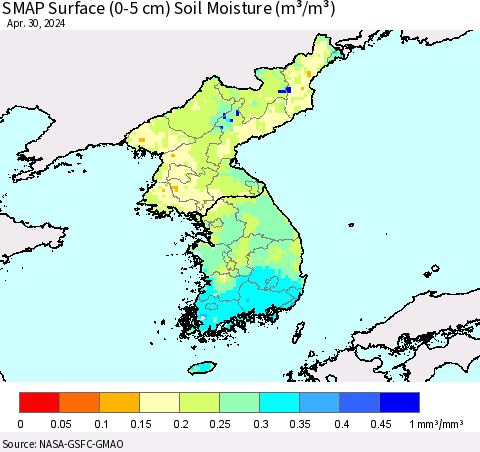 Korea SMAP Surface (0-5 cm) Soil Moisture (m³/m³) Thematic Map For 4/26/2024 - 4/30/2024