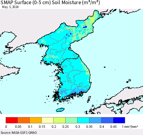Korea SMAP Surface (0-5 cm) Soil Moisture (m³/m³) Thematic Map For 5/1/2024 - 5/5/2024