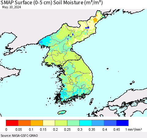Korea SMAP Surface (0-5 cm) Soil Moisture (m³/m³) Thematic Map For 5/6/2024 - 5/10/2024